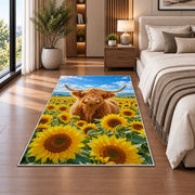 Highland Cow Sunflower Field Rug in a bedroom beside the bed