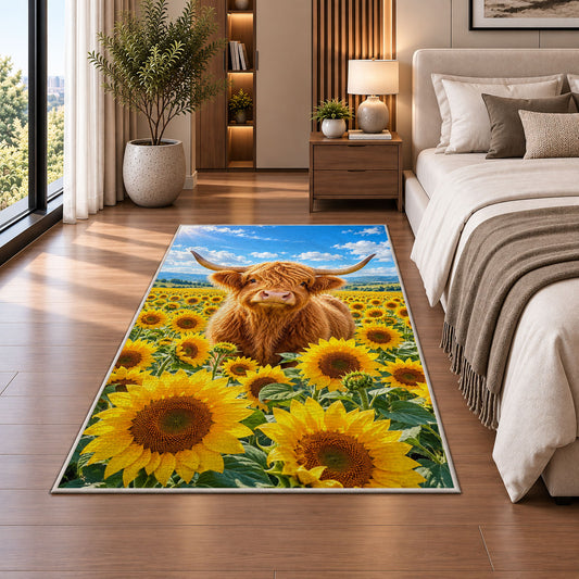 Highland Cow Sunflower Field Rug in a bedroom beside the bed