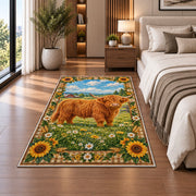 Highland Cow Farm Scene Rug in a bedroom beside the bed