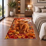 Highland Cow Autumn Rug in a bedroom beside the bed