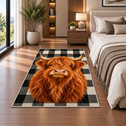 Highland Cow Buffalo Check Rug in a bedroom beside the bed