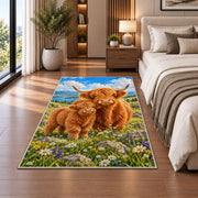 Highland Cow Mom and Calf Rug in a bedroom beside the bed