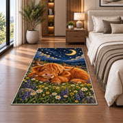 Sleeping Highland Cow Rug in a bedroom beside the bed