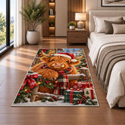 Christmas Highland Cow Rug in a bedroom beside the bed