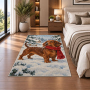 Dachshund Winter Rug in a bedroom beside the bed