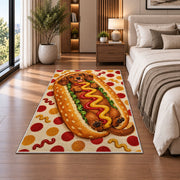 Hot Dog Dachshund Rug in a bedroom beside the bed