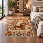 Boho Dachshund Rainbow Rug in a bedroom beside the bed