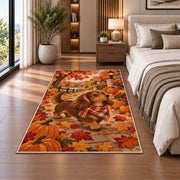 Autumn Dachshund Rug in a bedroom beside the bed