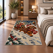 Santa Dachshund Rug in a bedroom beside the bed