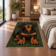 Black and Tan Dachshund Rug in a bedroom beside the bed