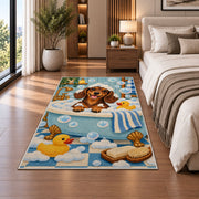 Bath Time Dachshund Rug in a bedroom beside the bed