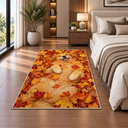 Golden Retriever in Autumn Leaves rug in a bedroom beside the bed