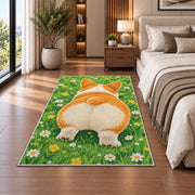 Corgi Butt Welcome rug in a bedroom beside the bed