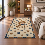 Puppy with Paw Prints and Bones rug in a bedroom beside the bed