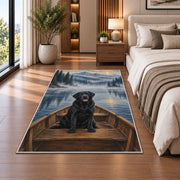 Black Lab in Rowboat rug in a bedroom beside the bed