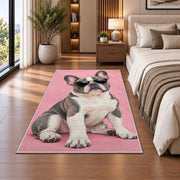 French Bulldog in Sunglasses rug in a bedroom beside the bed
