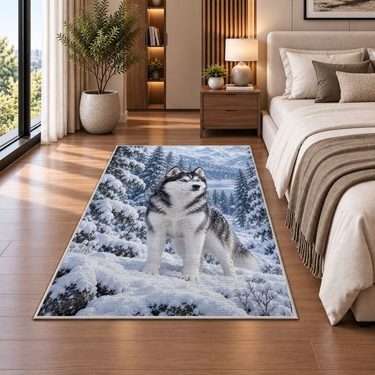 Blue-Eyed Husky in Snowy Forest rug in a bedroom beside the bed