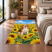 Beagle in Sunflower Field rug in a bedroom beside the bed