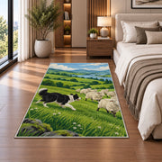 Border Collie Herding Sheep rug in a bedroom beside the bed