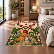 Dog and Cat Cottage Paw Heart rug in a bedroom beside the bed