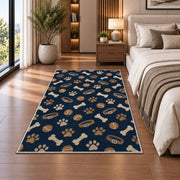 Dog Bones Balls and Paws Pattern rug in a bedroom beside the bed