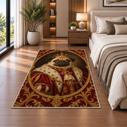 Royal Pug Portrait rug in a bedroom beside the bed