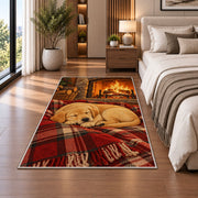 Lab Puppy by the Fireplace rug in a bedroom beside the bed