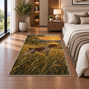 Pointer in Tall Grass at Sunrise rug in a bedroom beside the bed