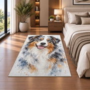 Watercolor Australian Shepherd rug in a bedroom beside the bed