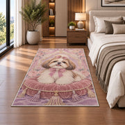 Shih Tzu on Velvet Pillow rug in a bedroom beside the bed