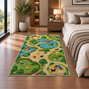 Dog Park Map rug in a bedroom beside the bed