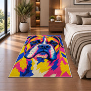 Pop Art Boxer Dog rug in a bedroom beside the bed