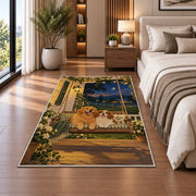 Two Dogs on Porch Swing rug in a bedroom beside the bed