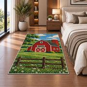 Classic Red Barn rug in a bedroom beside the bed