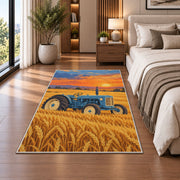 Vintage Tractor in Wheat Field rug in a bedroom beside the bed