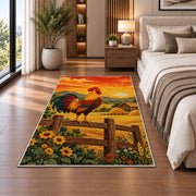 Rooster at Sunrise rug in a bedroom beside the bed