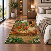 Hens and Fresh Eggs rug in a bedroom beside the bed
