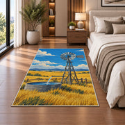 Windmill on the Prairie rug in a bedroom beside the bed