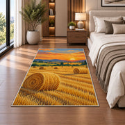 Hay Bales at Golden Hour rug in a bedroom beside the bed