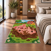 Happy Pig in Mud rug in a bedroom beside the bed