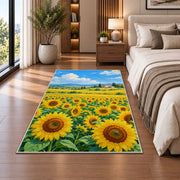 Sunflower Field Farmhouse rug in a bedroom beside the bed