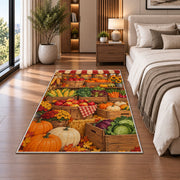 Farmers Market Stand rug in a bedroom beside the bed