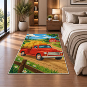 Red Pickup with Hay Bales rug in a bedroom beside the bed