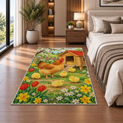 Spring Chicken Coop rug in a bedroom beside the bed