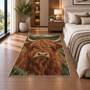 Highland Cow Close-Up rug in a bedroom beside the bed