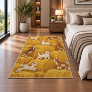 Goats on Hay Bales rug in a bedroom beside the bed