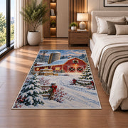 Snowy Farm at Christmas rug in a bedroom beside the bed