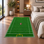 Football Field rug in a bedroom beside the bed