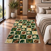 Checkered Football rug in a bedroom beside the bed