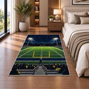 Friday Night Football rug in a bedroom beside the bed